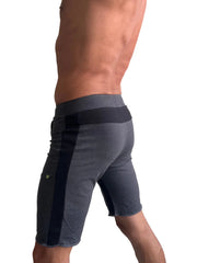Gray eco-track athletic shorts with black side panels elastic waistband and small embroidered logo on thigh