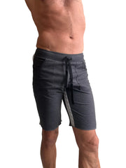 Eco-Track short charcoal with grey featuring dark gray athletic fabric black drawstring and light gray side panels