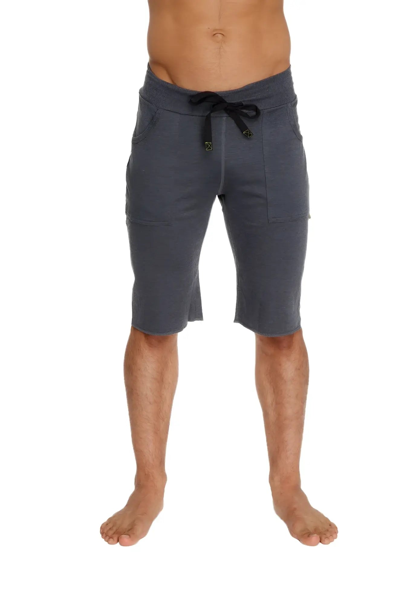 Eco-track short charcoal with royal blue features dark gray athletic shorts with black drawstring waistband and side pockets
