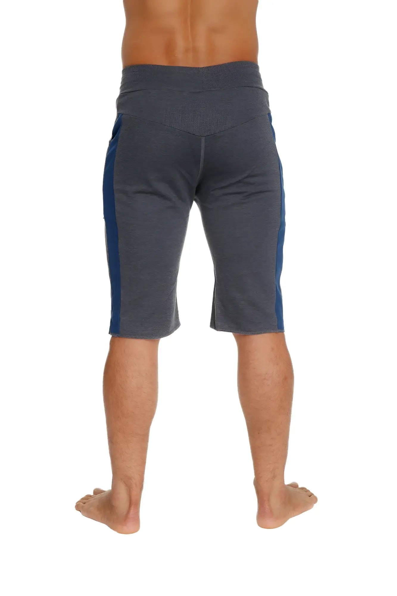 Eco-track short charcoal with royal blue side stripes in breathable athletic fabric for running and training