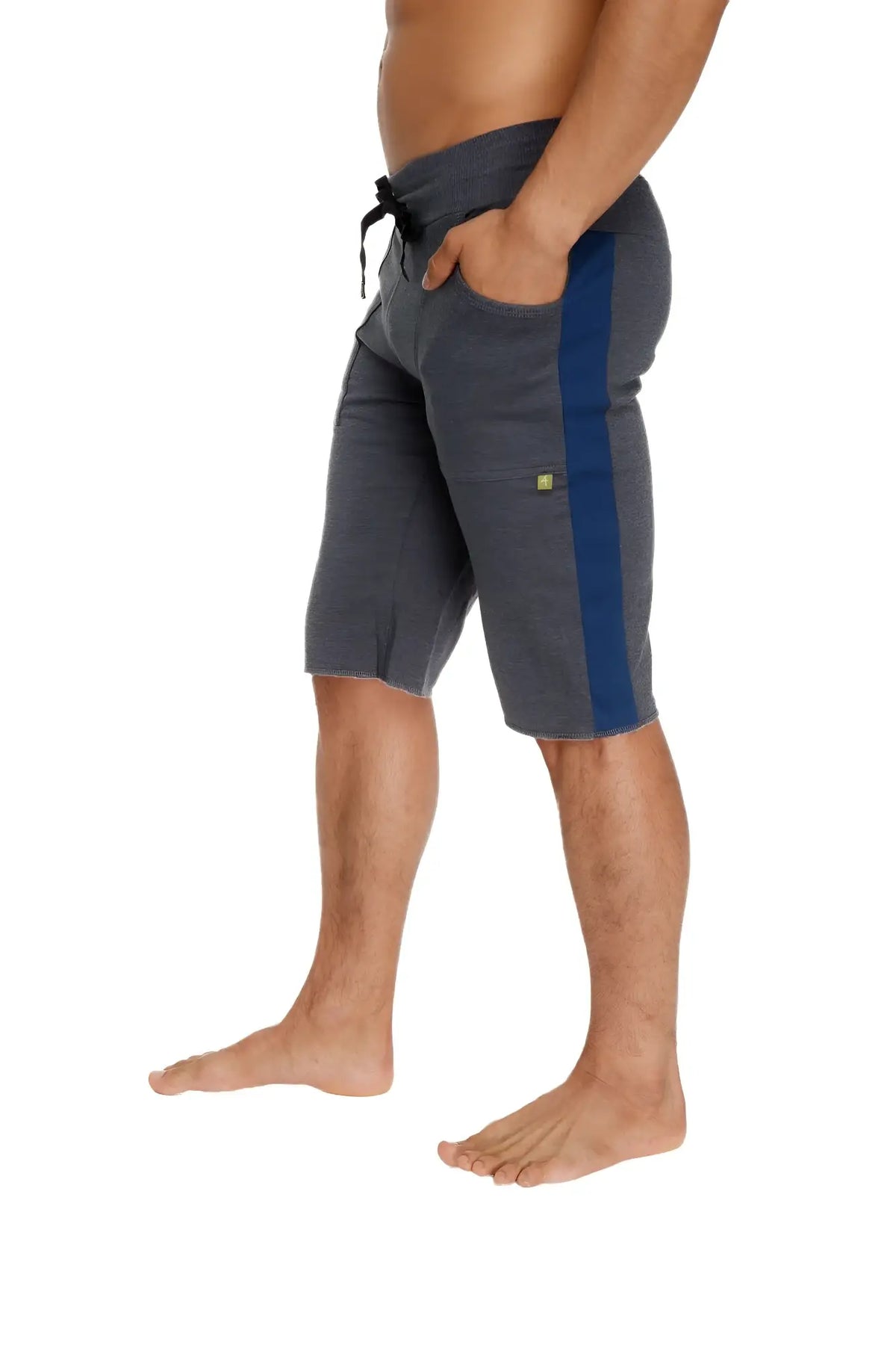 Eco-track short charcoal w royal blue gray athletic shorts with blue stripe elastic waistband black drawstrings and green logo