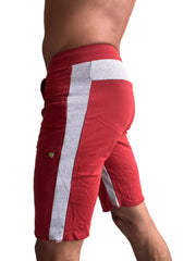 Eco-track short in cinnabar red with white and gray striped side panels ideal for athletic and casual wear