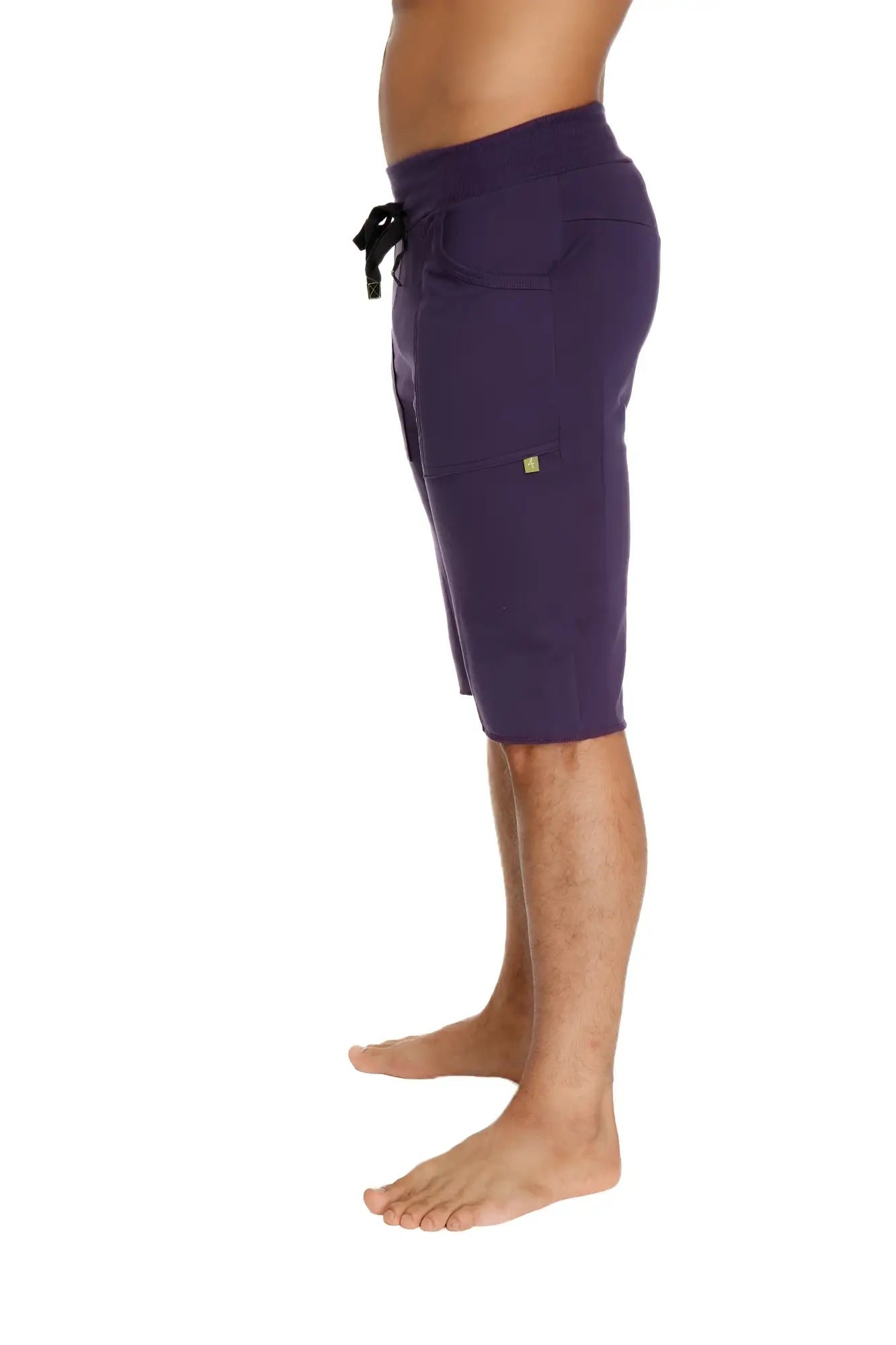 Eco-track short eggplant purple athletic shorts with drawstring waistband side pockets and small yellow thigh logo