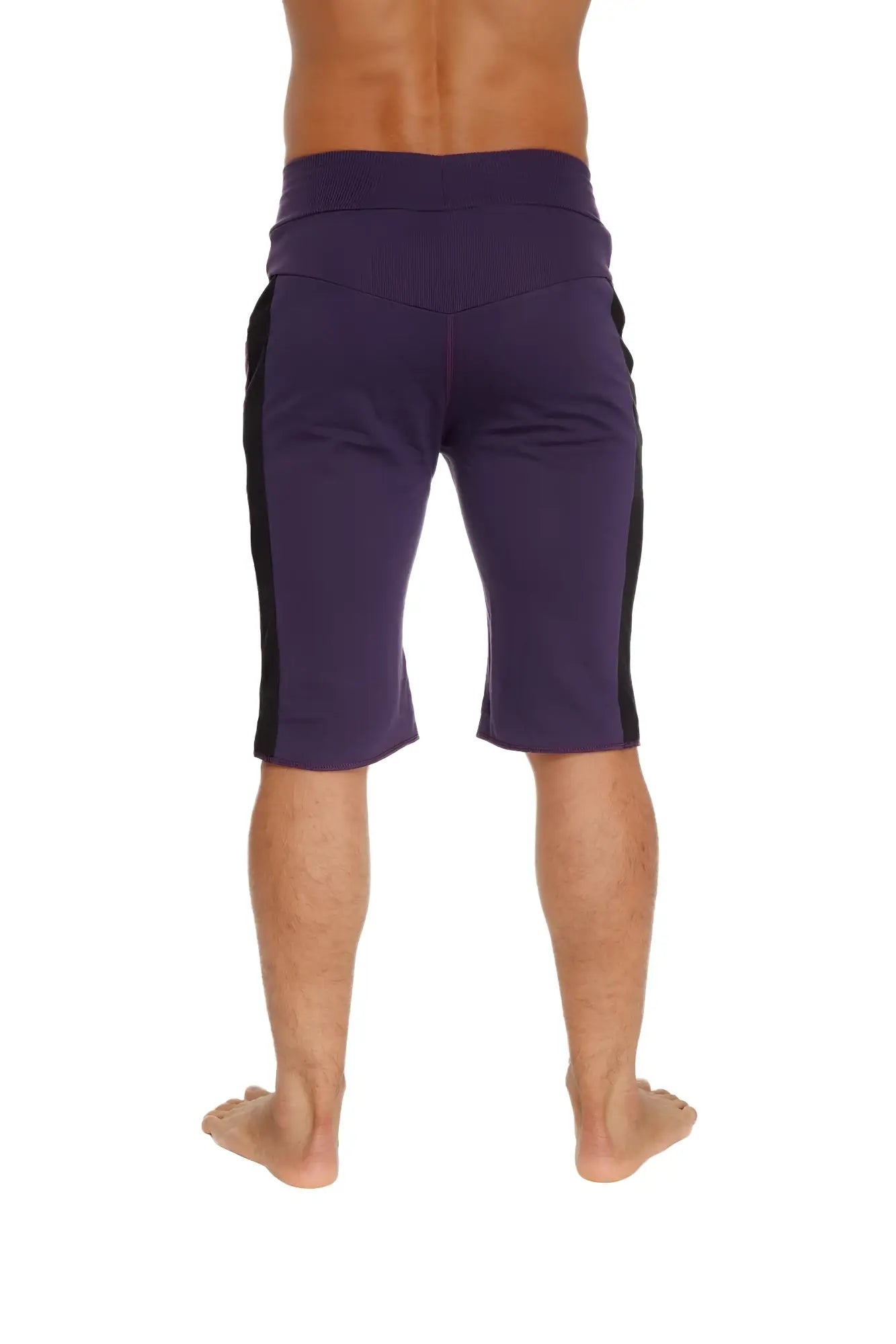 Eco-track short eggplant with black featuring purple athletic shorts with black side panels high-waisted elastic waistband