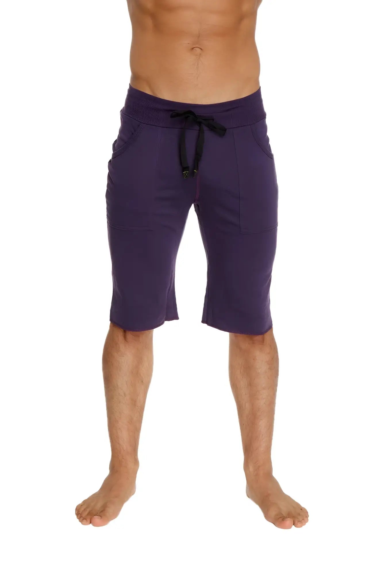 Purple eco track athletic shorts with black drawstring waistband made for active wear in eggplant color