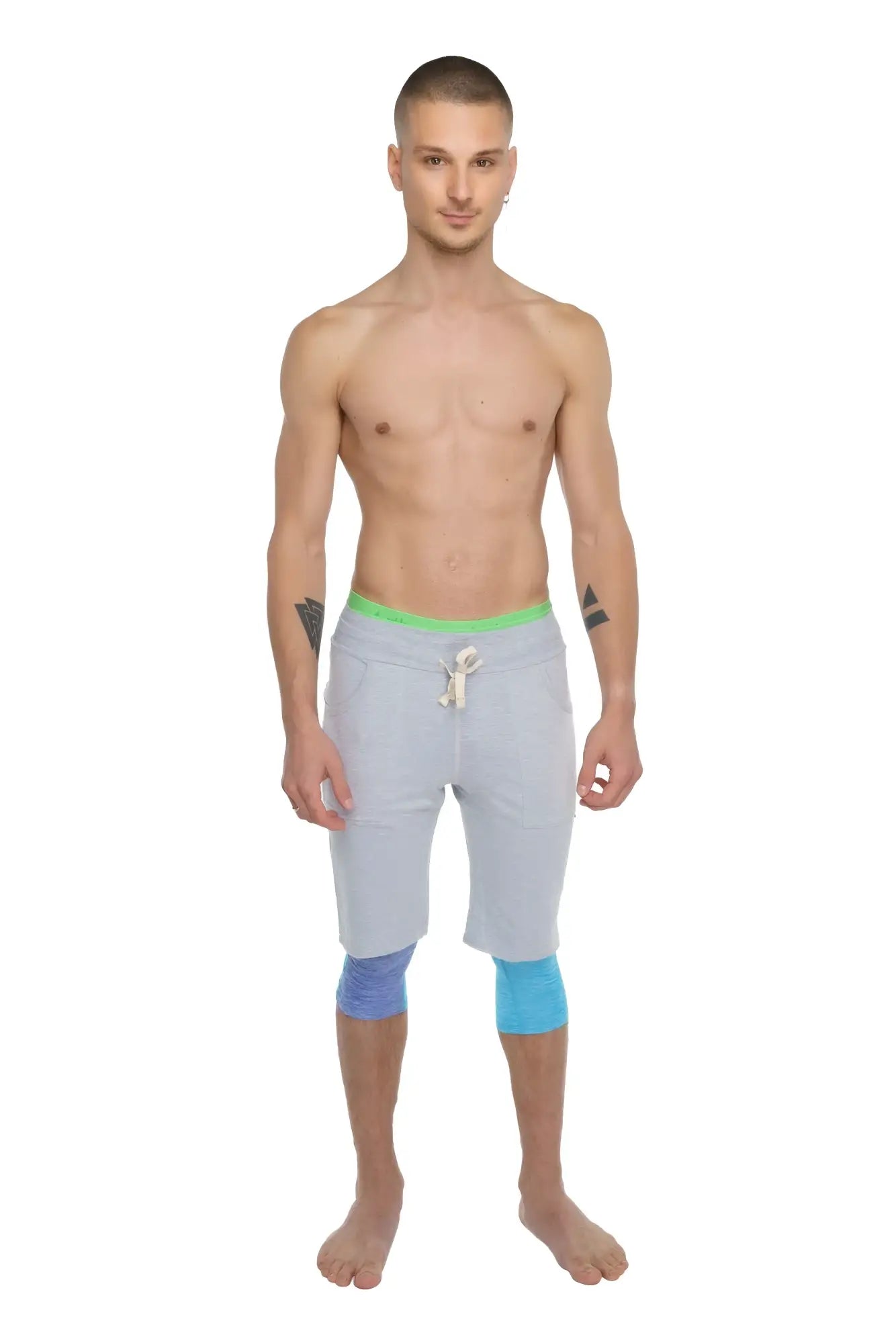 Eco-track short heather grey athletic shorts with neon green waistband and blue knee patches for active wear