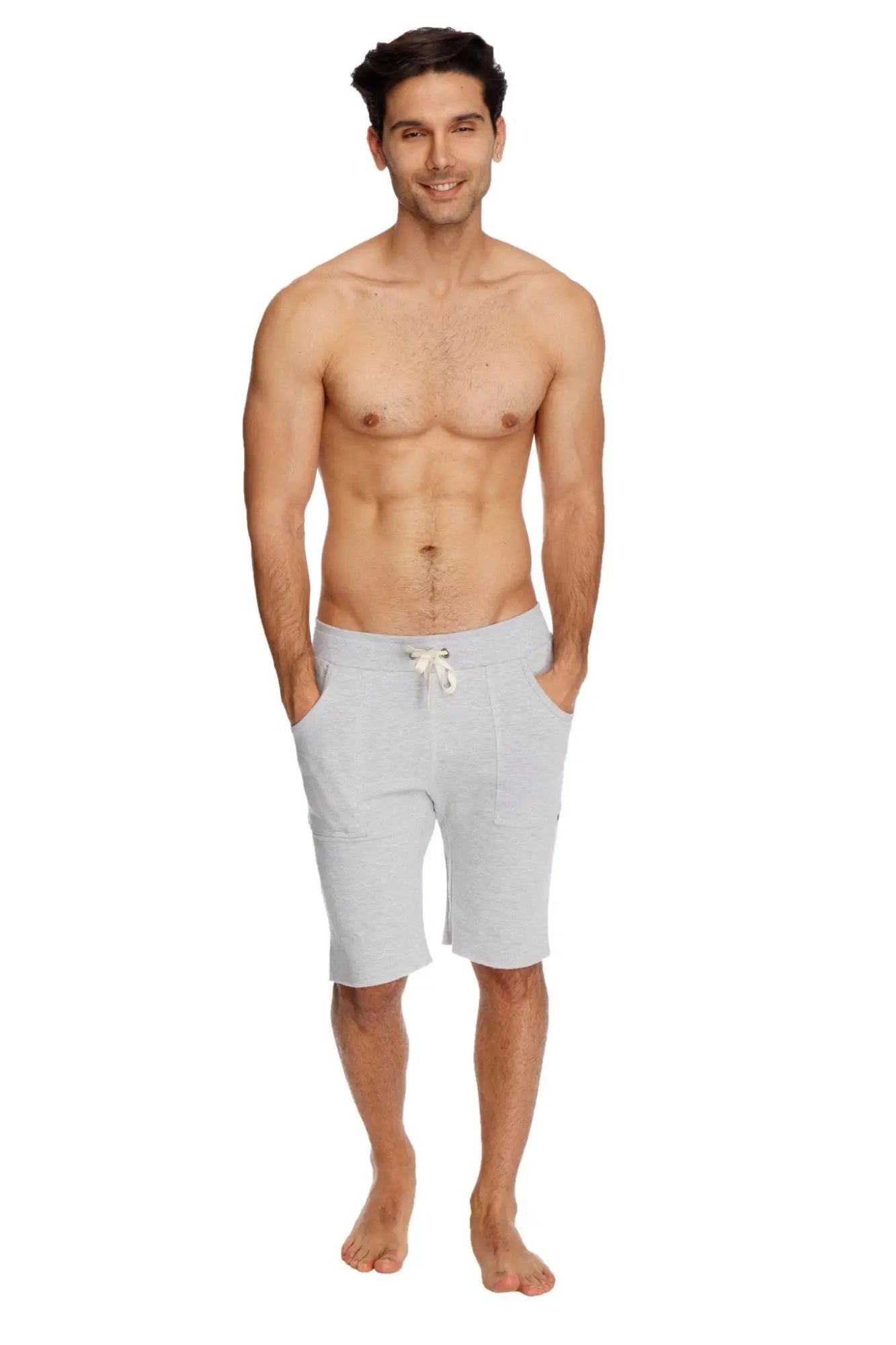 Eco-track short in heather grey features soft light gray fabric, drawstring waistband, and side pockets for comfort