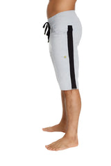 Light gray eco-track athletic shorts with black side stripe and drawstring waistband in heather grey color