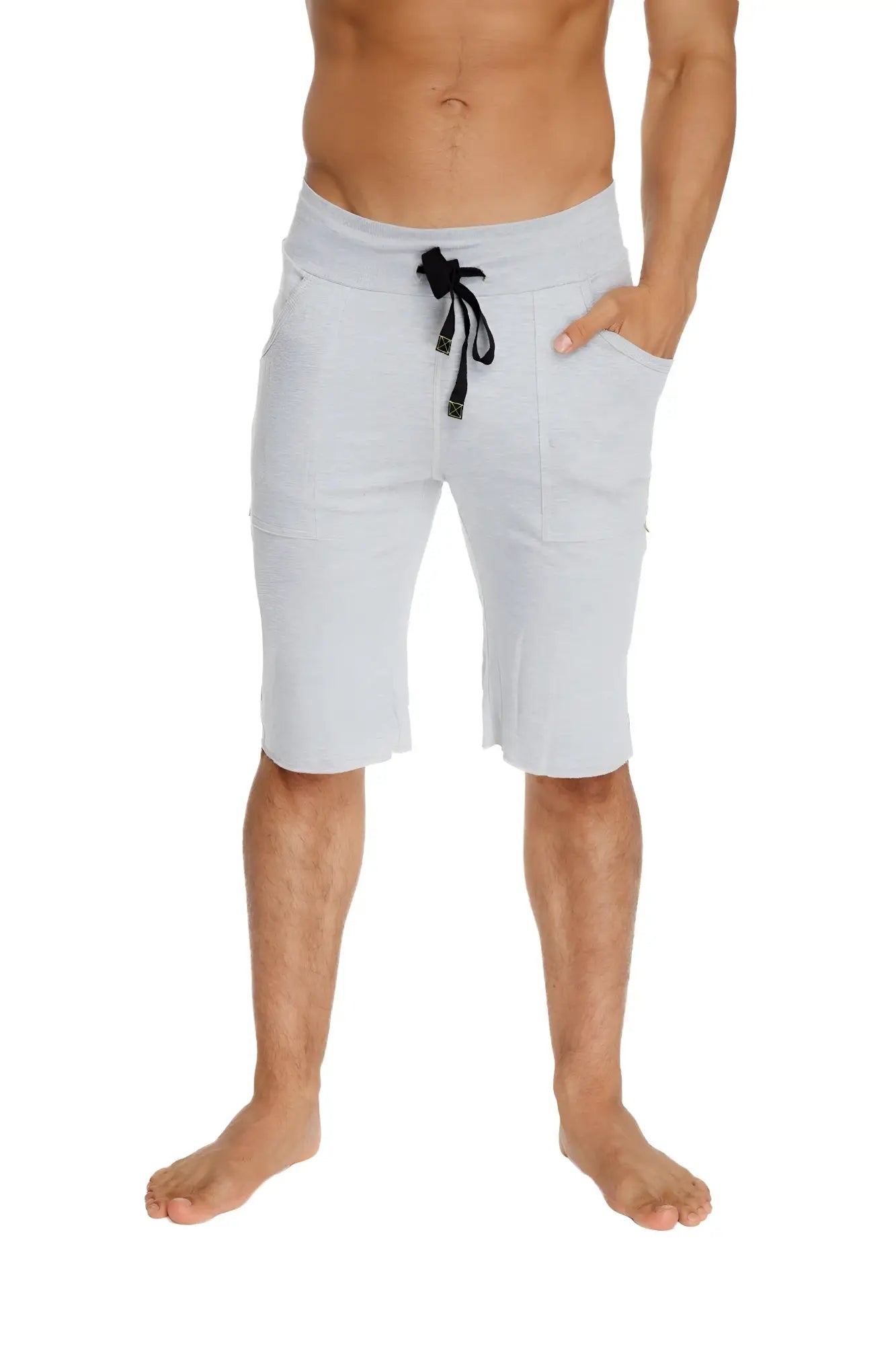 Eco-track short in heather grey with black drawstring waistband soft textured fabric and two front pockets