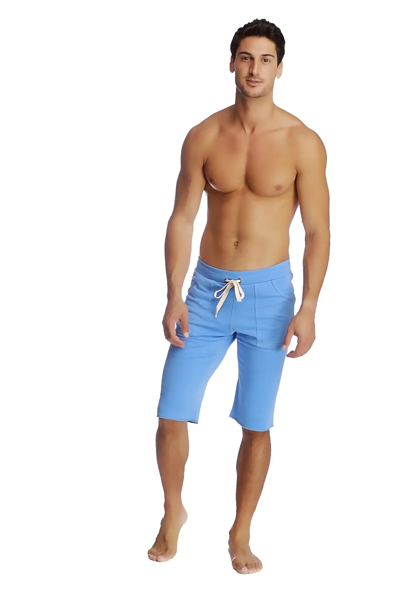 Eco-track short ice blue swim trunks with a white drawstring in light blue mid-thigh length design