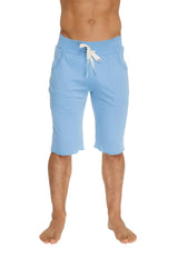 Eco-track short in ice blue with soft texture, white drawstring waistband, and two front pockets