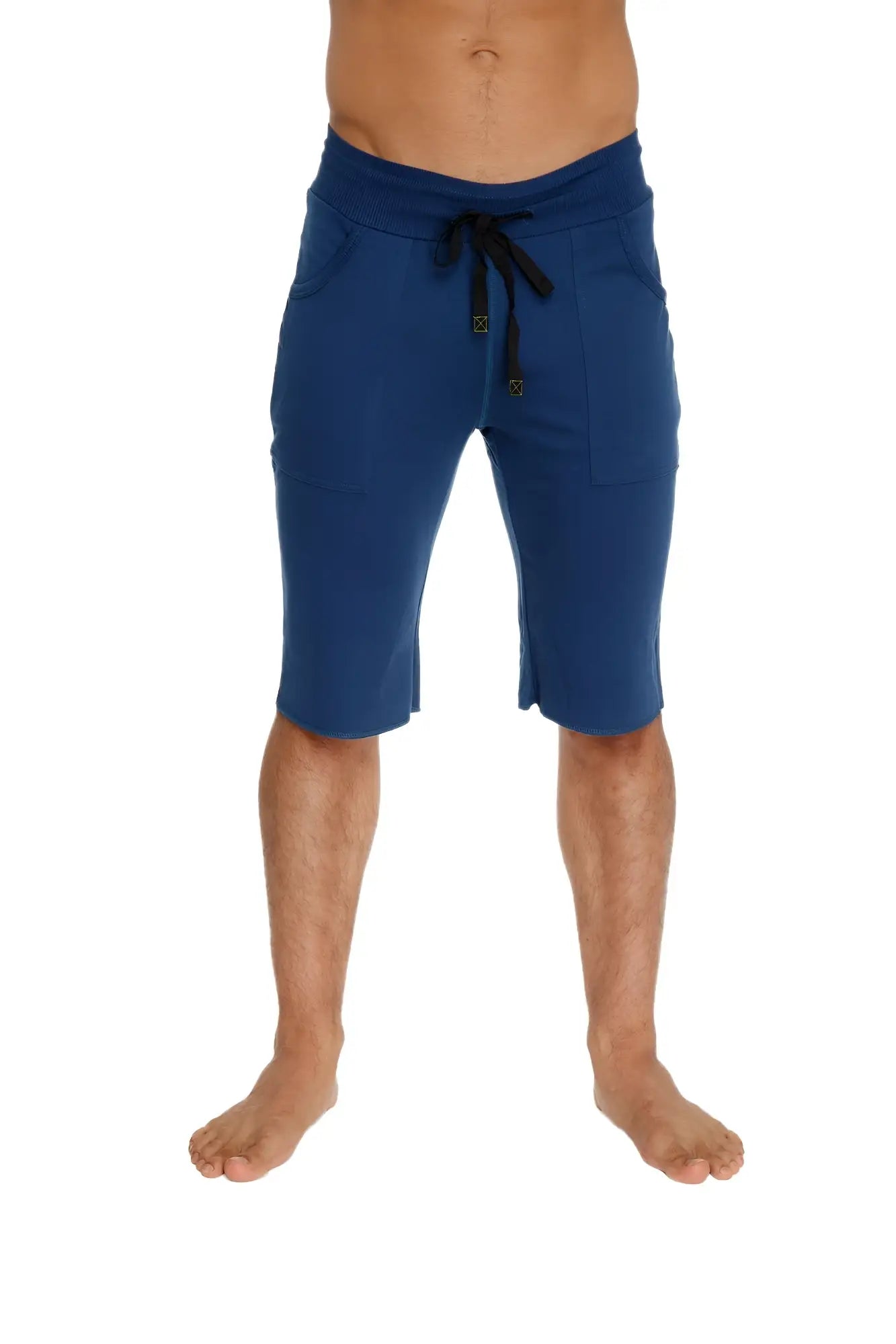 Eco-track royal blue athletic shorts with black drawstring waistband and side pockets for active wear