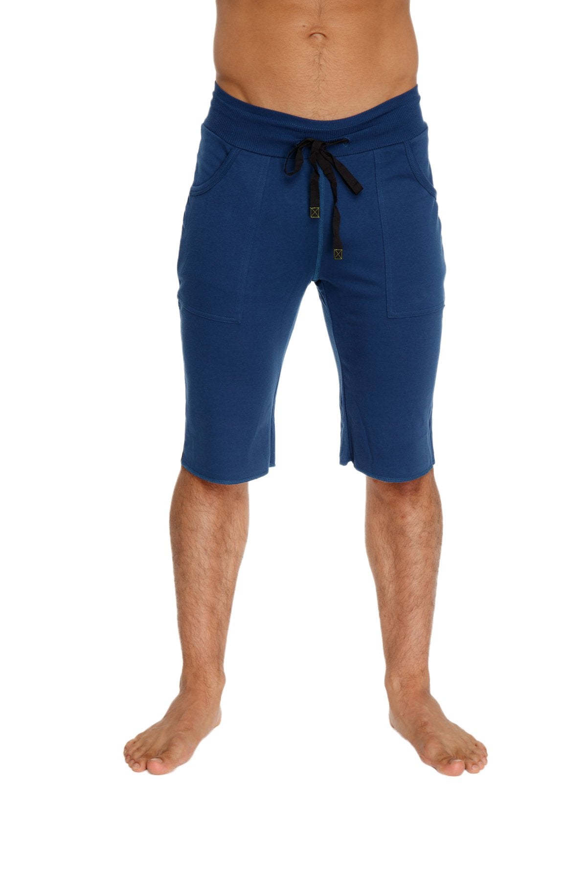 Eco-track royal blue athletic shorts with black drawstring waistband and side pockets for active wear
