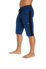 Eco-track short in royal blue with black side stripes and a drawstring waistband ideal for athletic use