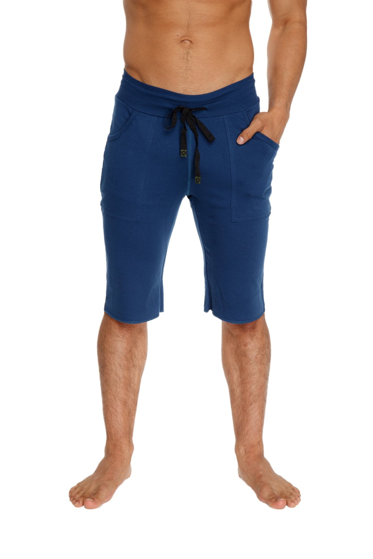 Navy blue eco-track shorts with drawstring waist, side pockets, and relaxed fit for casual wear