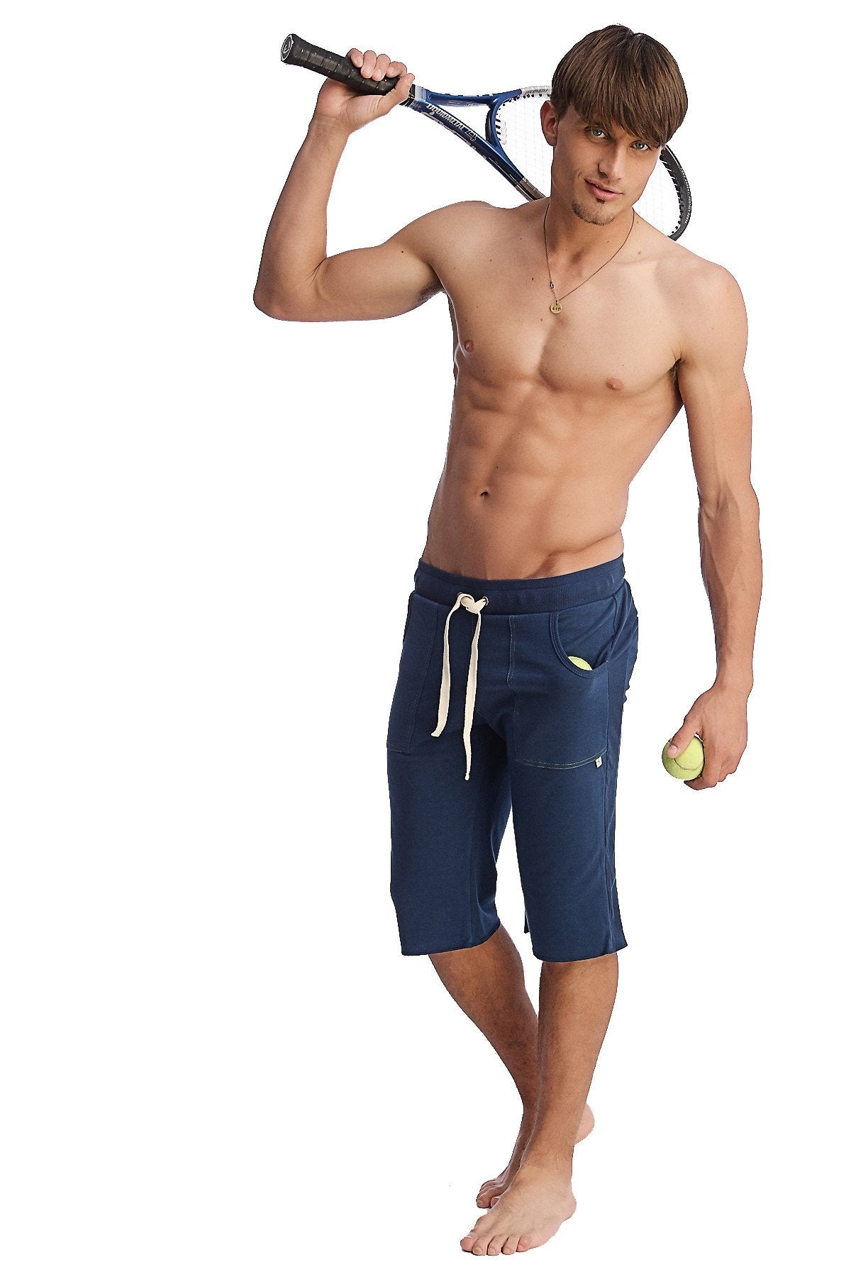 Eco-track short royal blue athletic shorts with white drawstrings and green logo on side pocket for active wear