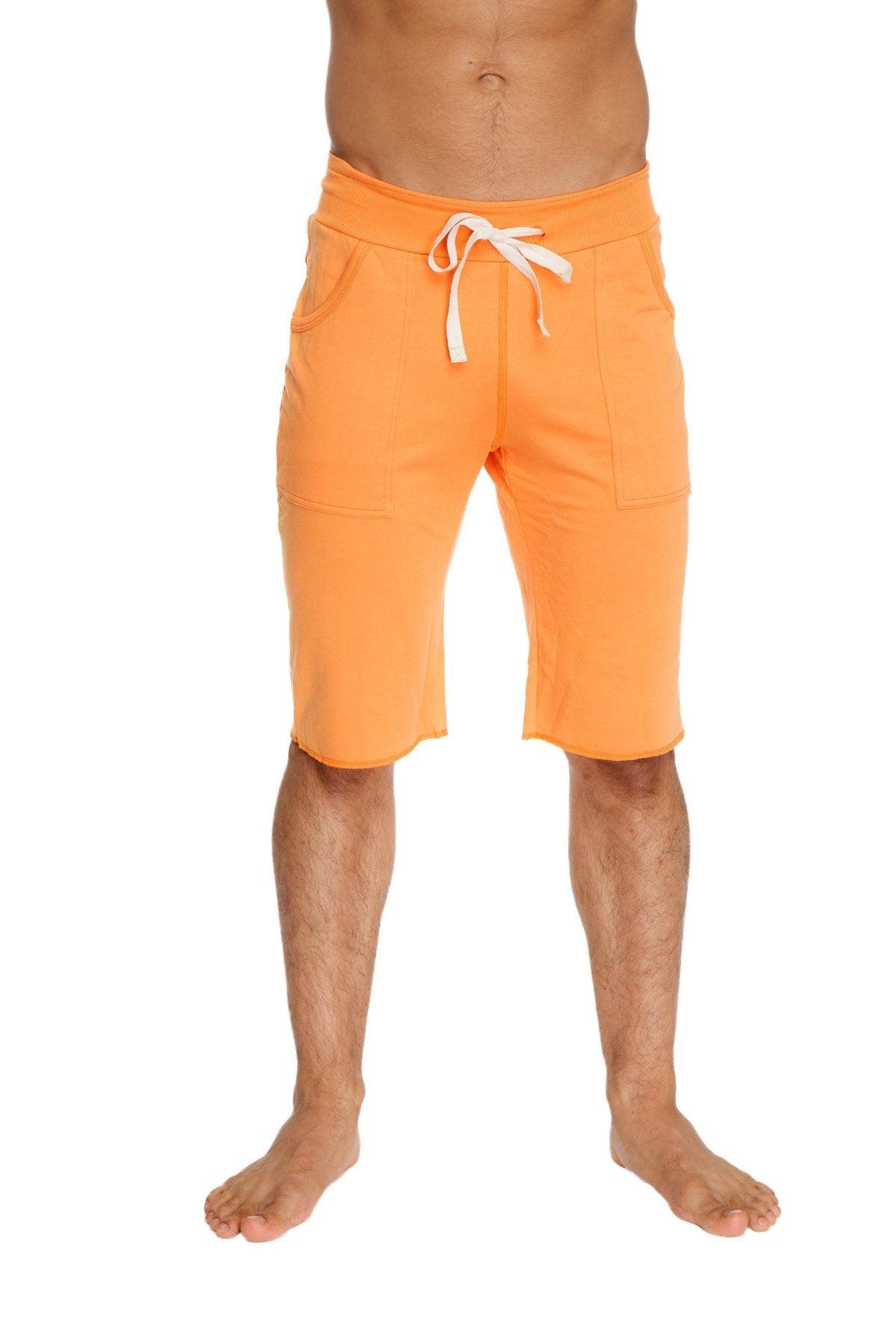 Eco-track short in sun orange with bright orange fabric white drawstring waistband and two front pockets for athletic use