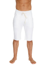 White eco-track shorts with relaxed fit drawstring waistband and two side pockets for casual wear