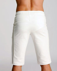 White eco-track short cargo shorts with clean tailored fit and subtle side pockets for casual outdoor wear