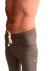 Brown eco-track and yoga sweat pant with ribbed elastic waistband and cream drawstring in army green fabric