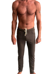 Dark olive eco-track yoga sweat pant with drawstring waist and front pockets for comfortable casual wear