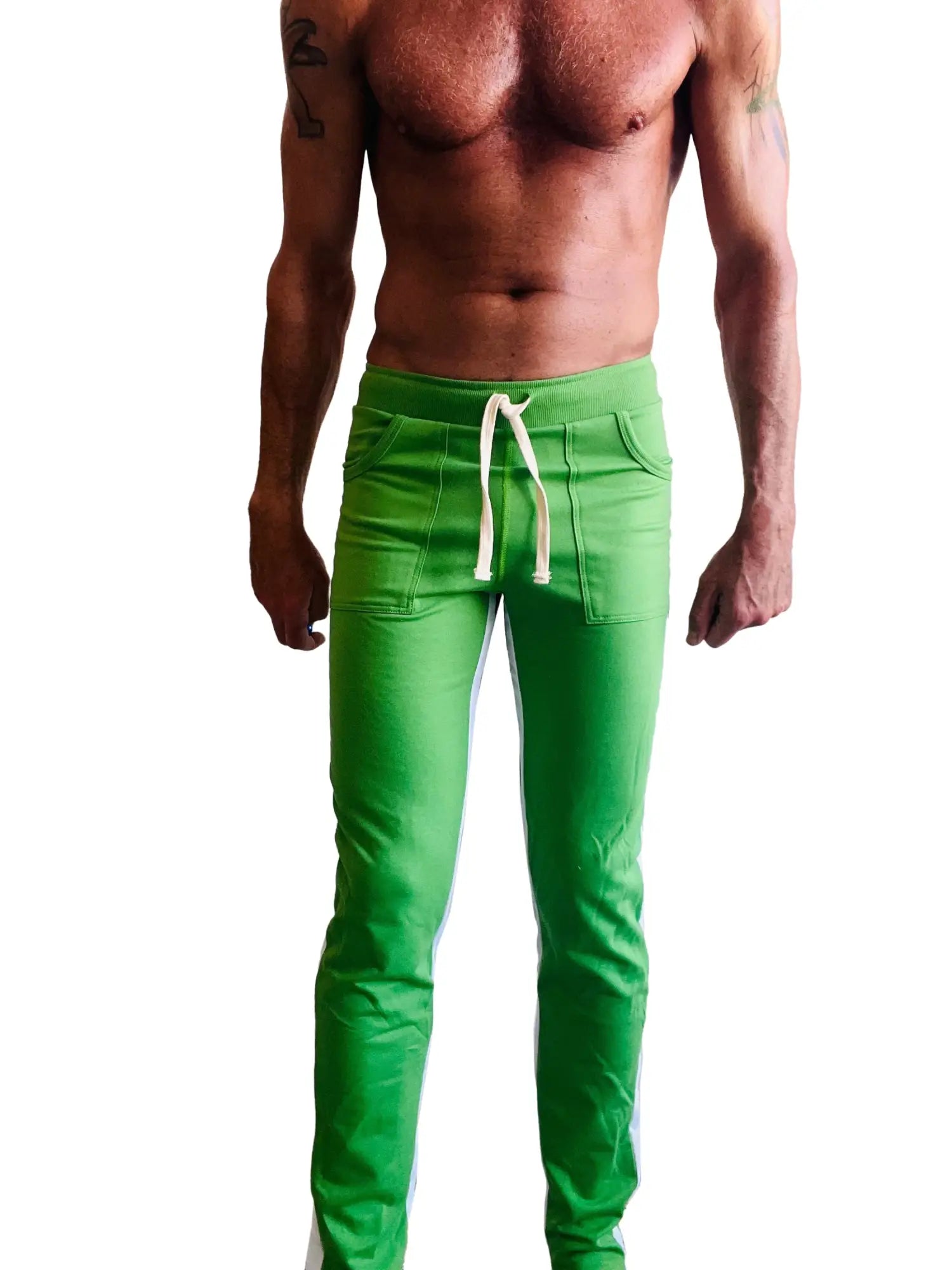 Eco-track and yoga sweat pant bamboo green with white features bright green athletic joggers with white drawstrings and pockets