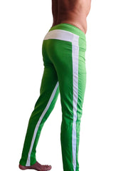 Bright green eco-track and yoga sweat pants with white side stripes and matching waistband made from bamboo fabric
