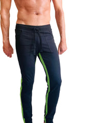Eco-track and yoga sweat pant in black with bamboo green side stripes and a drawstring waistband