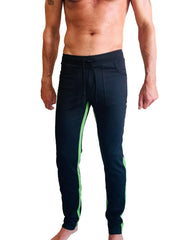 Black eco-track and yoga sweat pant with neon green bamboo side stripes and drawstring waistband for jogging