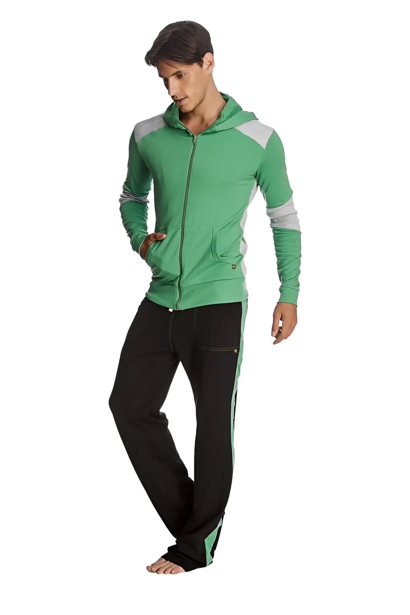 Green and gray eco-track zip-up hoodie with contrasting panels on shoulders sleeves and side seams for yoga and activewear