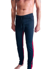 Eco-Track & Yoga sweat pant in black with bold cinnabar red side stripes and a comfortable drawstring waistband