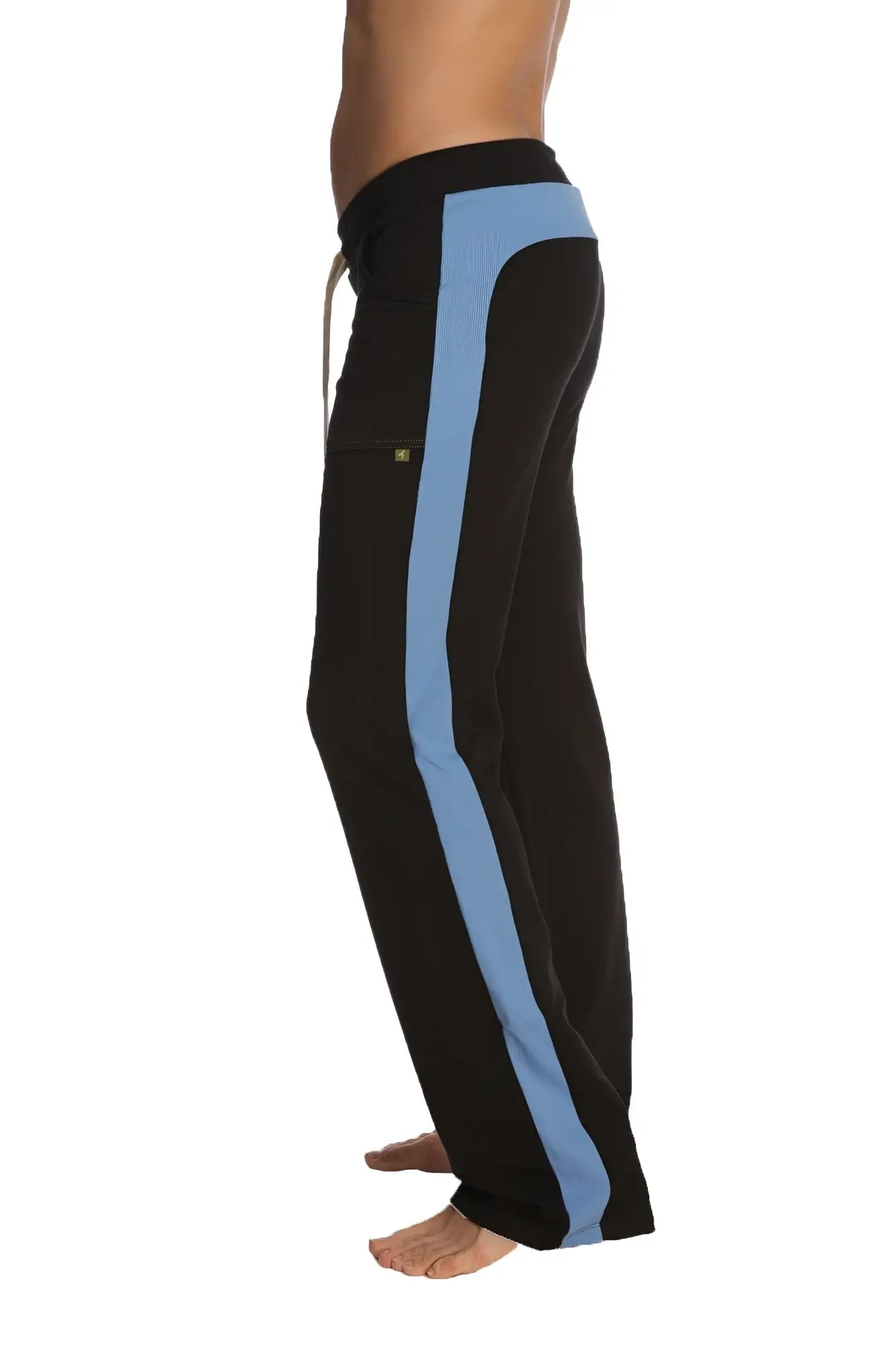 Eco-track and yoga sweat pant in black with ice blue stripe elastic waistband and logo patch on thigh