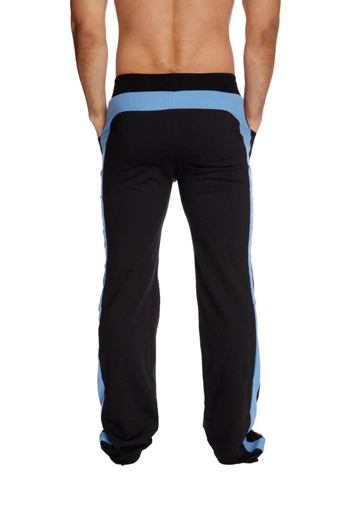 Black eco-track and yoga sweat pants with light blue ice side stripes and waistband for athletic wear