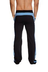 Black eco-track and yoga sweat pants with light blue ice side stripes and waistband for athletic wear