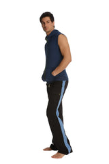 A navy blue sleeveless hooded vest with front zipper and side pockets paired with eco-track and yoga sweat pant black w ice