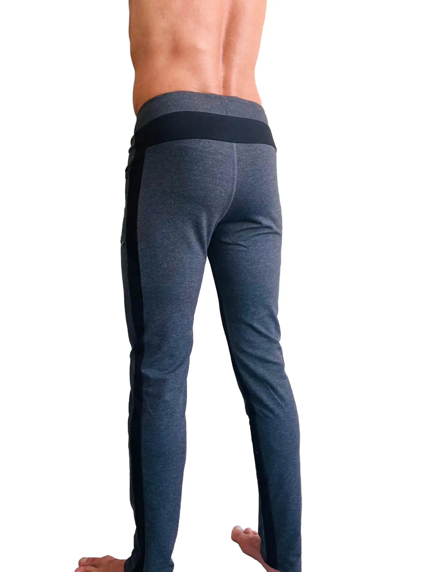 Dark gray heathered eco-track yoga sweat pants with black side panels and contrasting black waistband