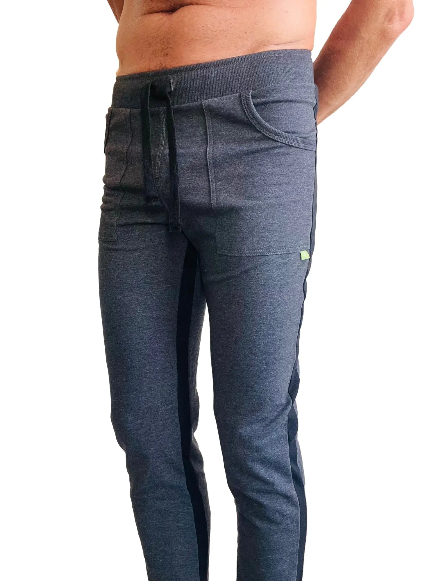 Dark heather gray eco-track and yoga sweat pant with black side stripes and drawstring waistband for comfort