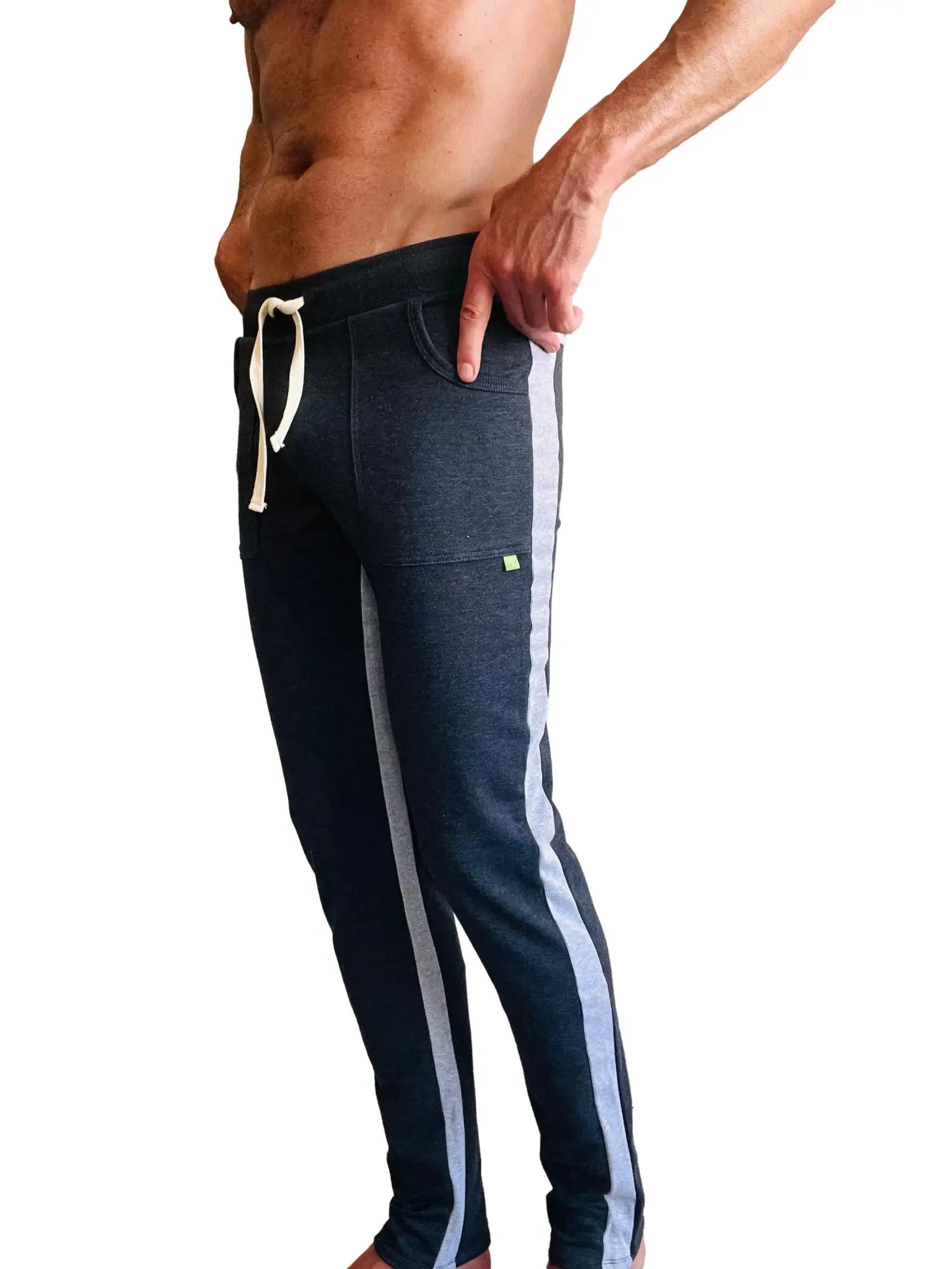 Eco-track and yoga sweat pant in charcoal with grey side stripes and cream drawstrings made for comfort and movement