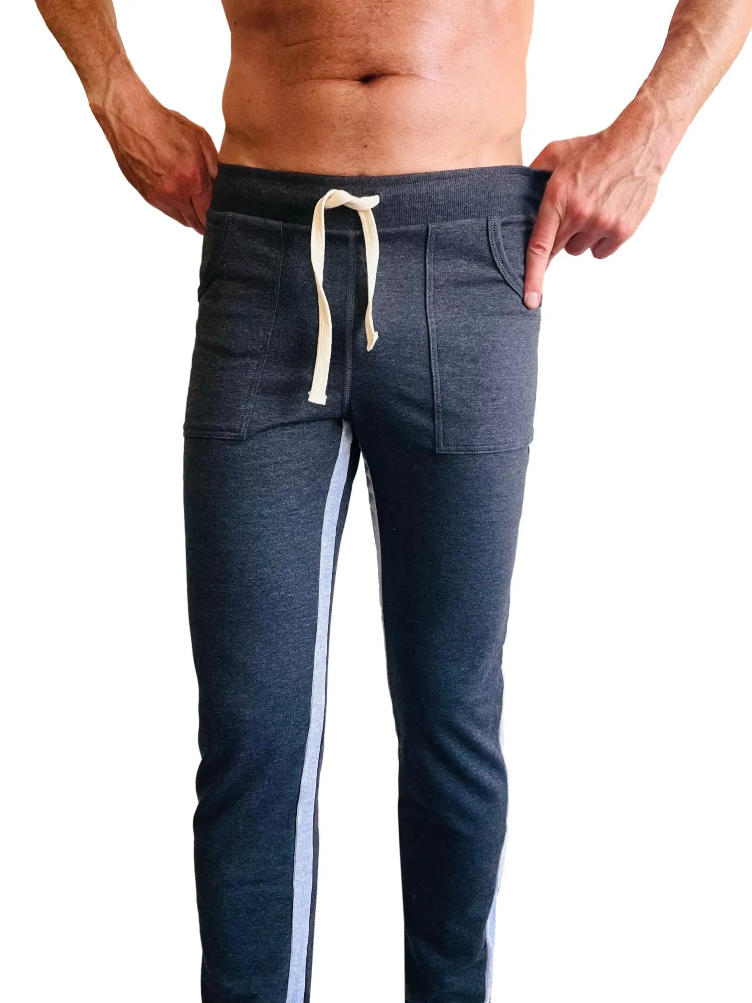 Eco-track and yoga sweat pant in dark heather gray with light blue side stripes and cream-colored drawstring