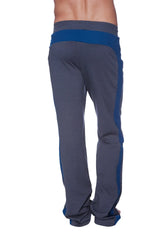 Eco-track and yoga sweat pant in charcoal with royal blue ribbed waistband and navy side panels for athletic wear