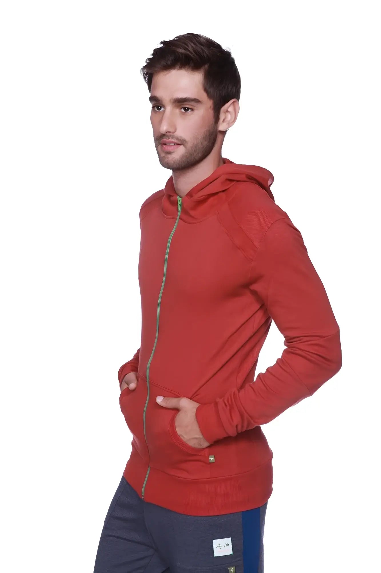 Red zip-up hoodie with matching hood and green zipper trim paired with charcoal eco-track yoga sweat pant royal blue trim