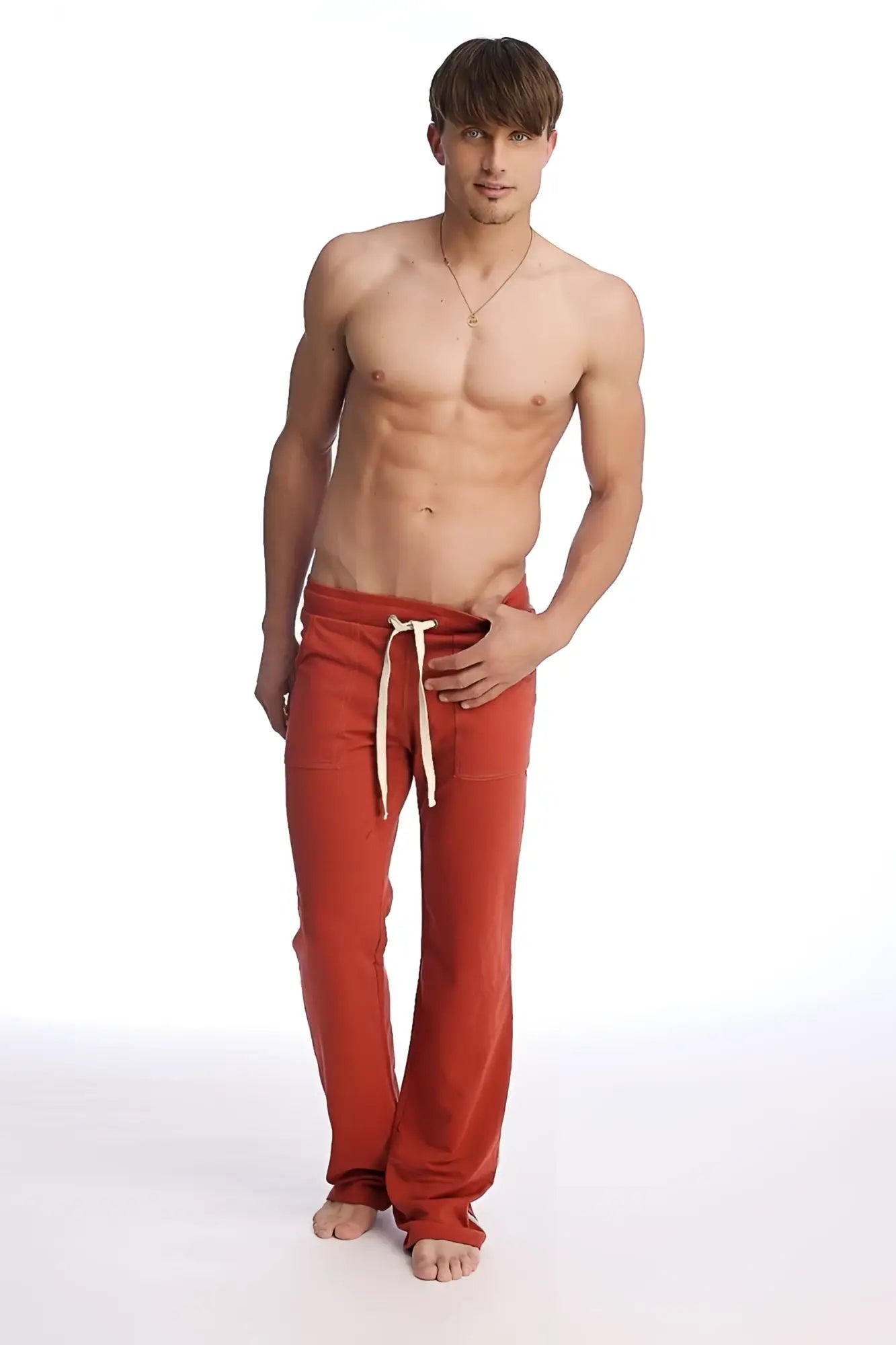 Eco-track and yoga sweat pant cinnabar in red with relaxed fit and cream-colored drawstring cord