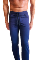 Navy blue eco-track and yoga sweat pant with elastic waistband drawstring two front pockets and relaxed fit