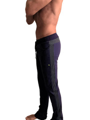 Eco-track and yoga sweat pant in eggplant with charcoal featuring a drawstring waist and side pockets