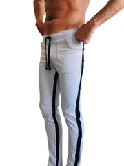 Gray heather eco-track and yoga sweatpants with black side stripes and matching drawstring waistband for athletic use