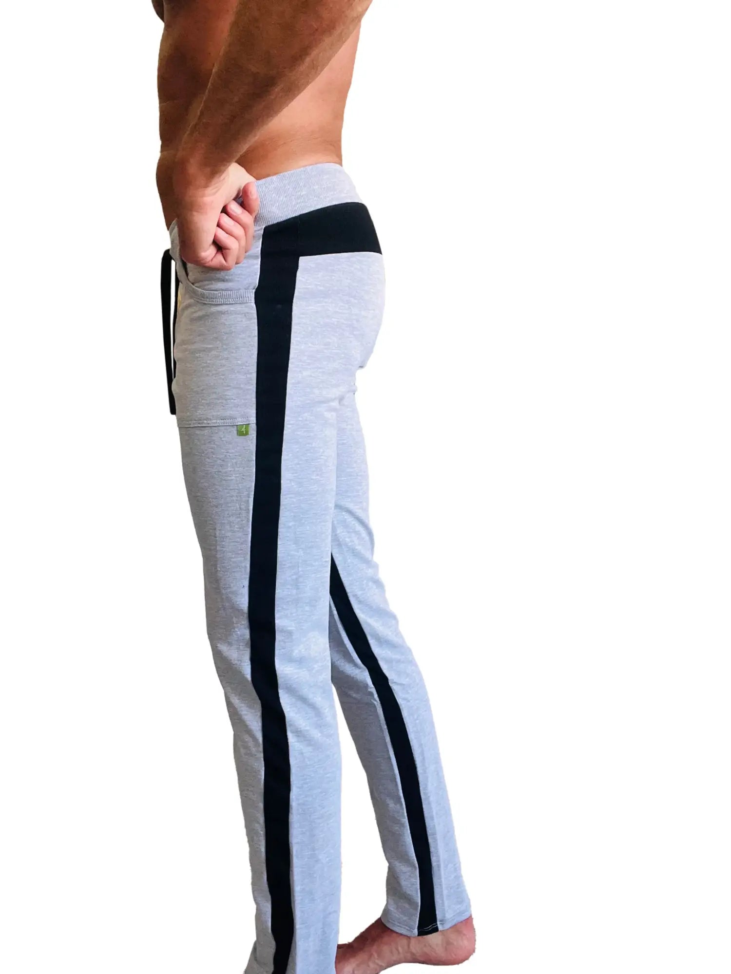 Light gray eco-track and yoga sweat pant with black side stripes and matching black waistband for athletic wear