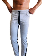 Eco-track and yoga sweat pant heather grey with black side stripes and matching drawstring waistband in light gray heathered fabric