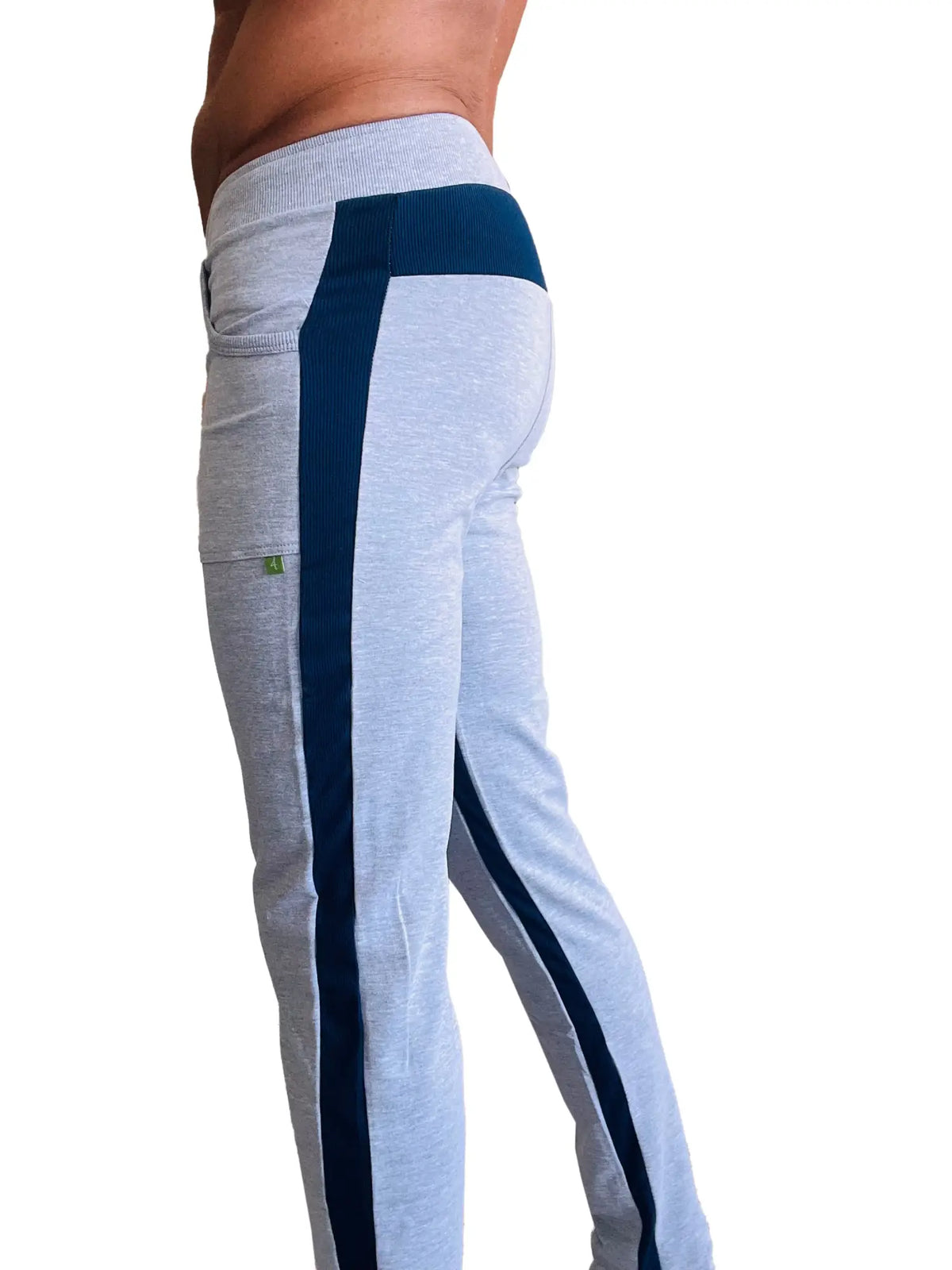Eco-track and yoga sweat pant heather grey with navy blue ribbed side stripe and waistband in light gray heathered fabric