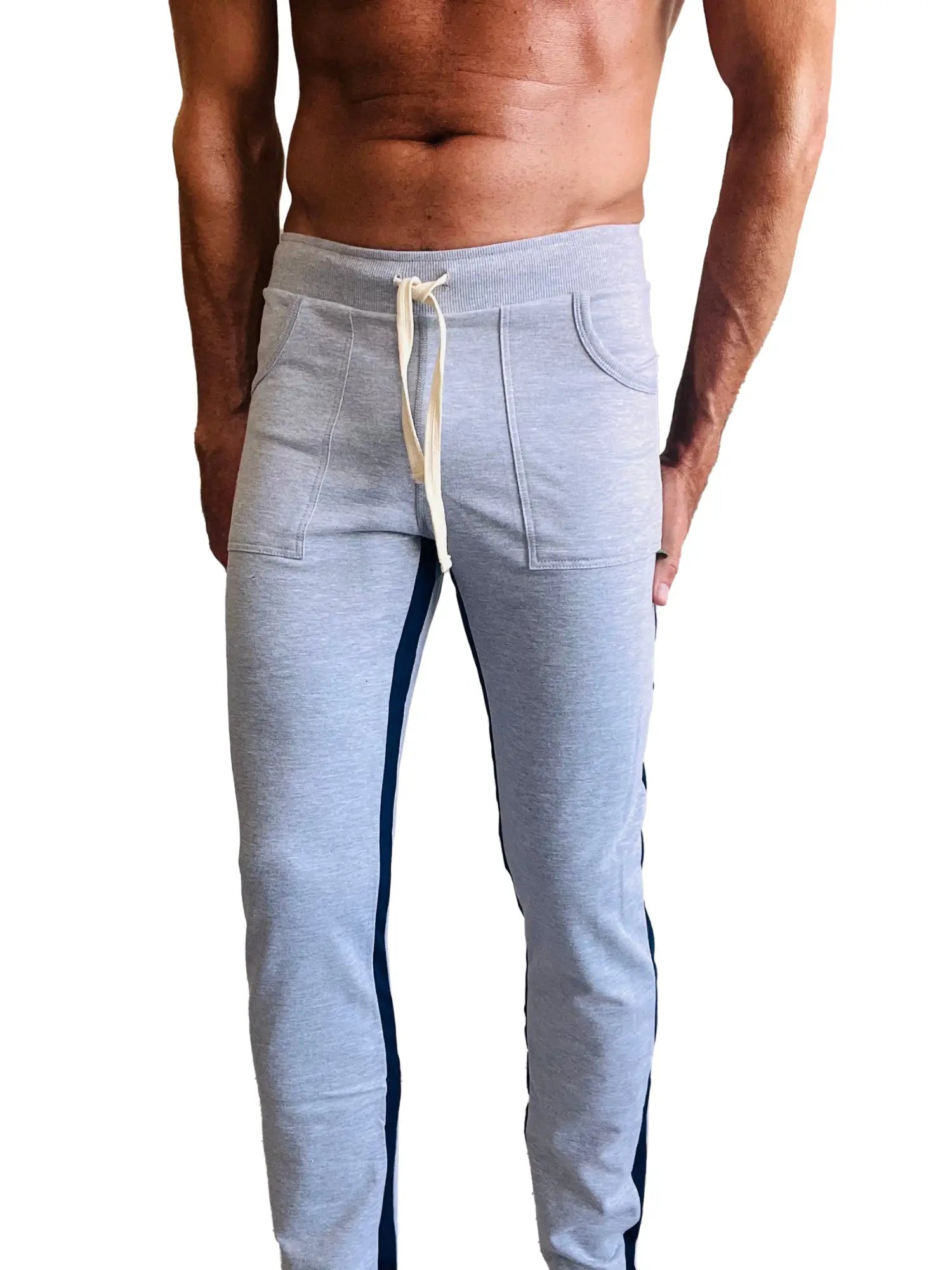 Eco-track and yoga sweat pant heather grey with navy blue side stripes cream drawstring in light gray heathered fabric