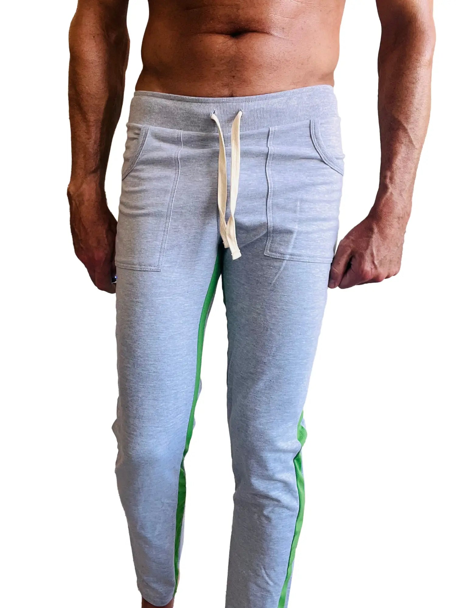 Eco-track and yoga sweat pant heather grey with green featuring light gray heathered fabric and cream drawstring